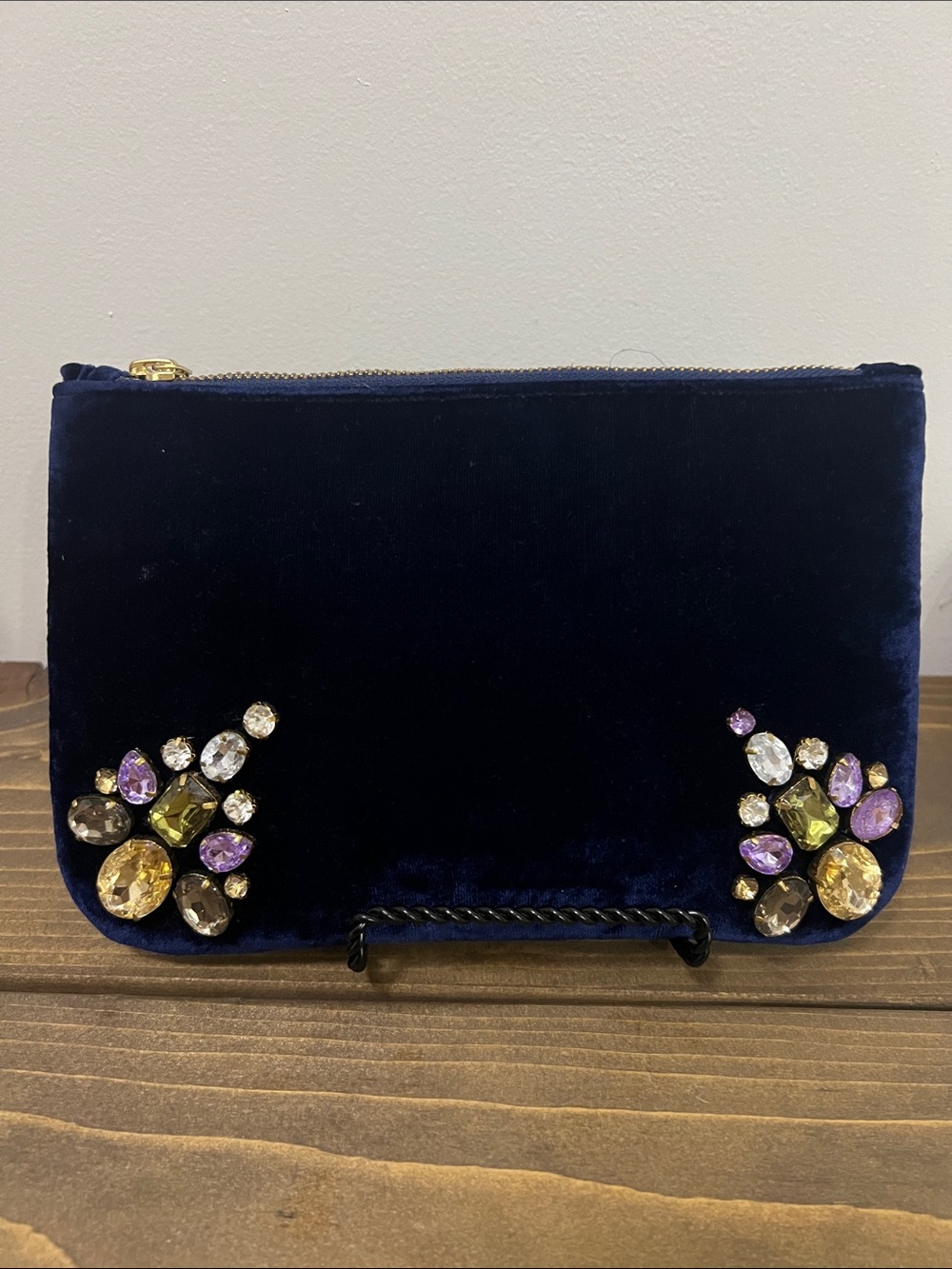 Dark Blue Velvet Jeweled Clutch Bag